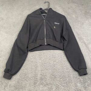 White Fox Cropped Full Zip Hoodie Size S/M Black Distressed SEE